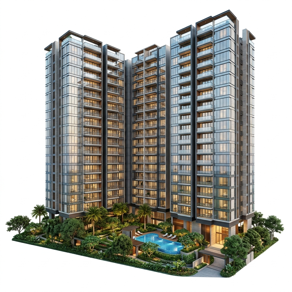 Modern condominium towers with landscaped gardens and a swimming pool