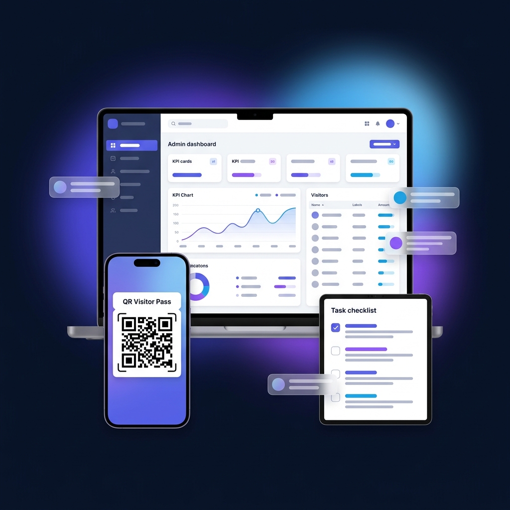 Admin dashboard, resident QR visitor pass and staff task list